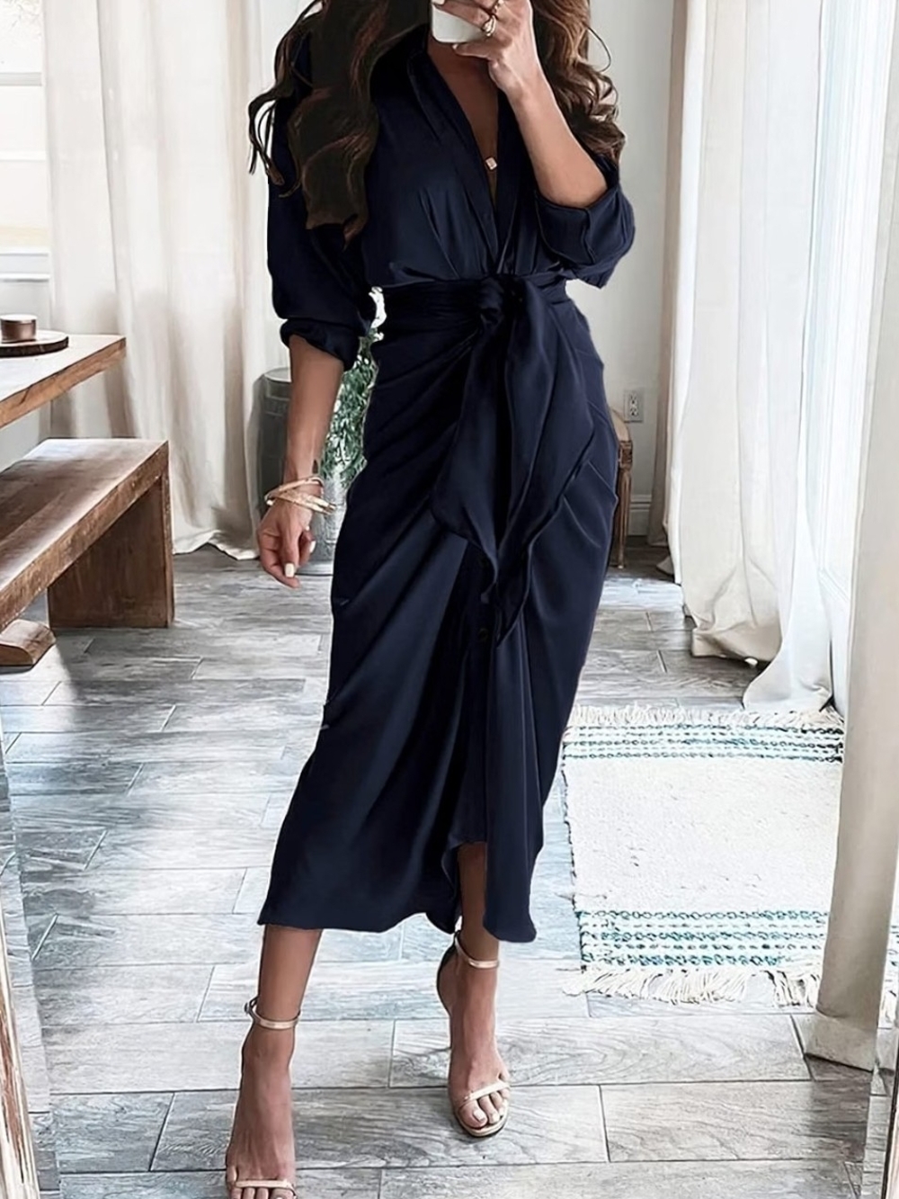 Classic Knot-Waist Navy Midi Dress